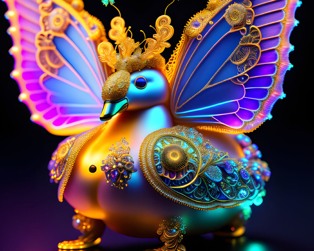 Colorful digital artwork: Whimsical peacock with glowing ornate wings in gold, blue,