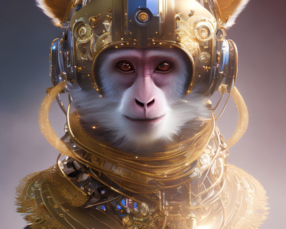 Detailed 3D illustration: Monkey in ornate golden astronaut attire