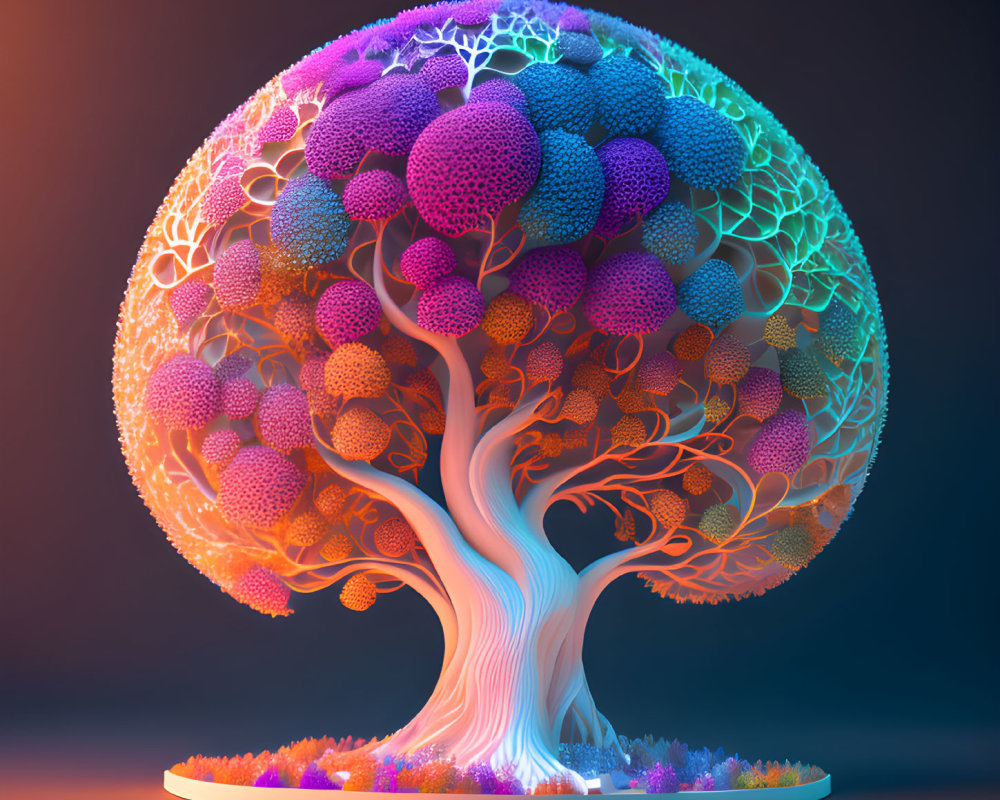 Colorful 3D-rendered tree with intricate lace patterns and spherical textures