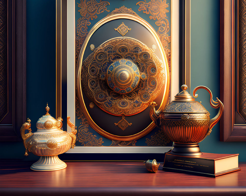 Golden shield, teapot, sugar bowl, and "LEGENDS" book on a wall display