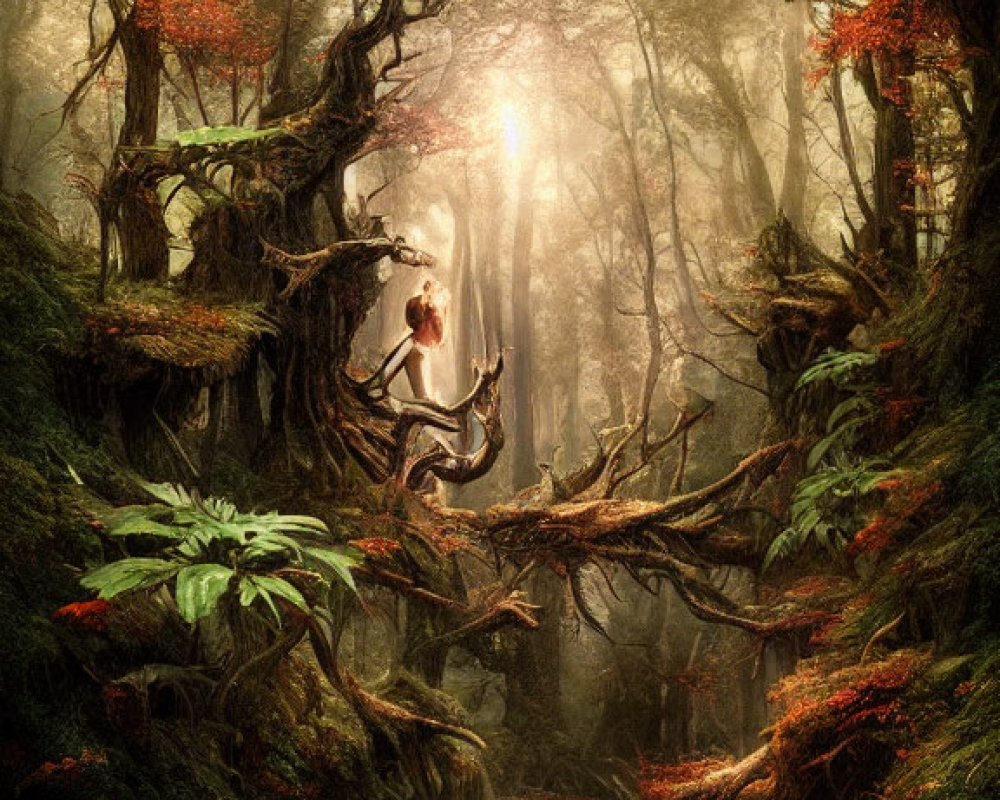 Person in Red Cloak Walking on Twisted Tree Branch in Mystical Forest