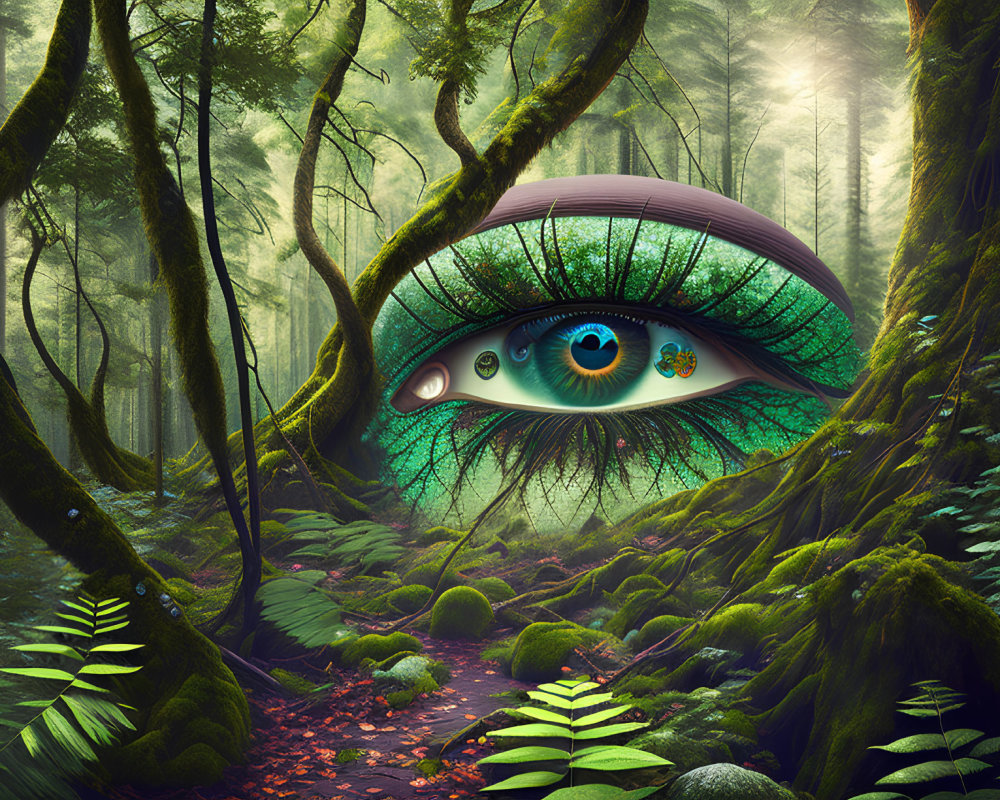 Vibrant giant eye in surreal forest landscape