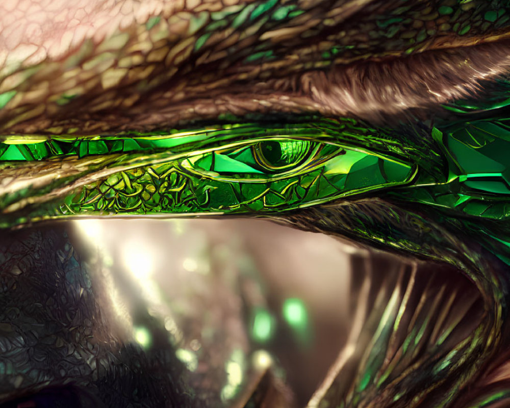 Detailed close-up of green reptile-like eye textures and patterns on skin.