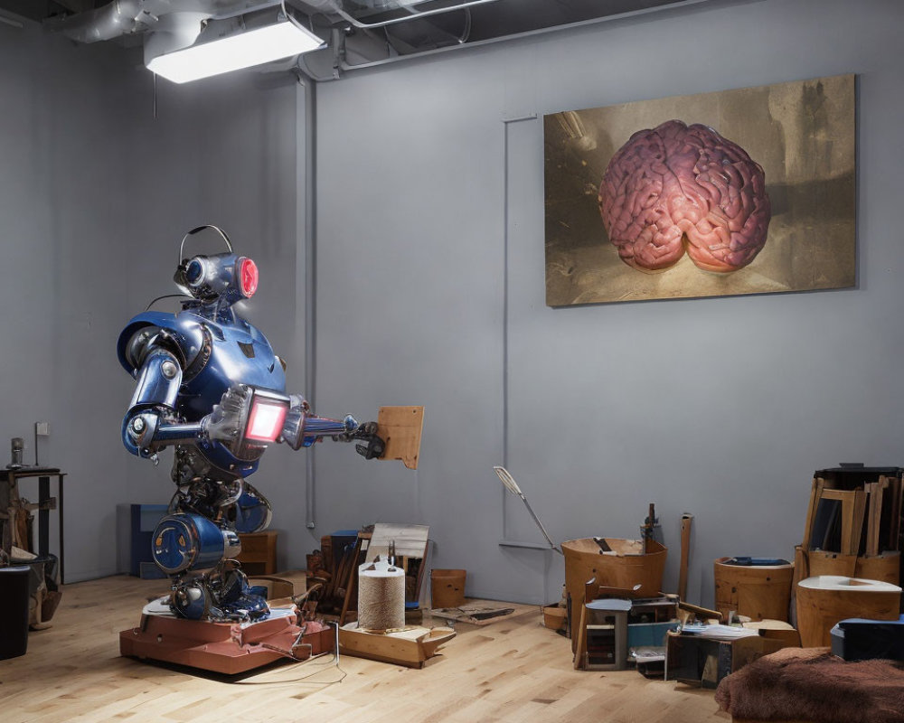 Robot with multiple appendages in artist's studio with brain painting