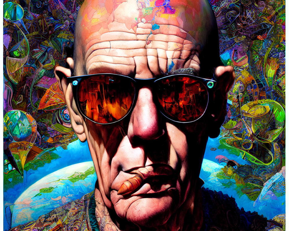 Colorful Psychedelic Bald Man Portrait with Reflective Sunglasses