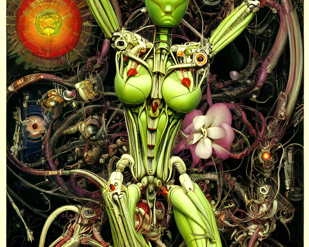 Detailed humanoid figure with mechanical and organic elements and an orchid.