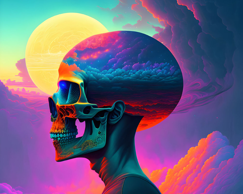 Colorful surreal human profile with cosmic scene and skull motif on sunset backdrop