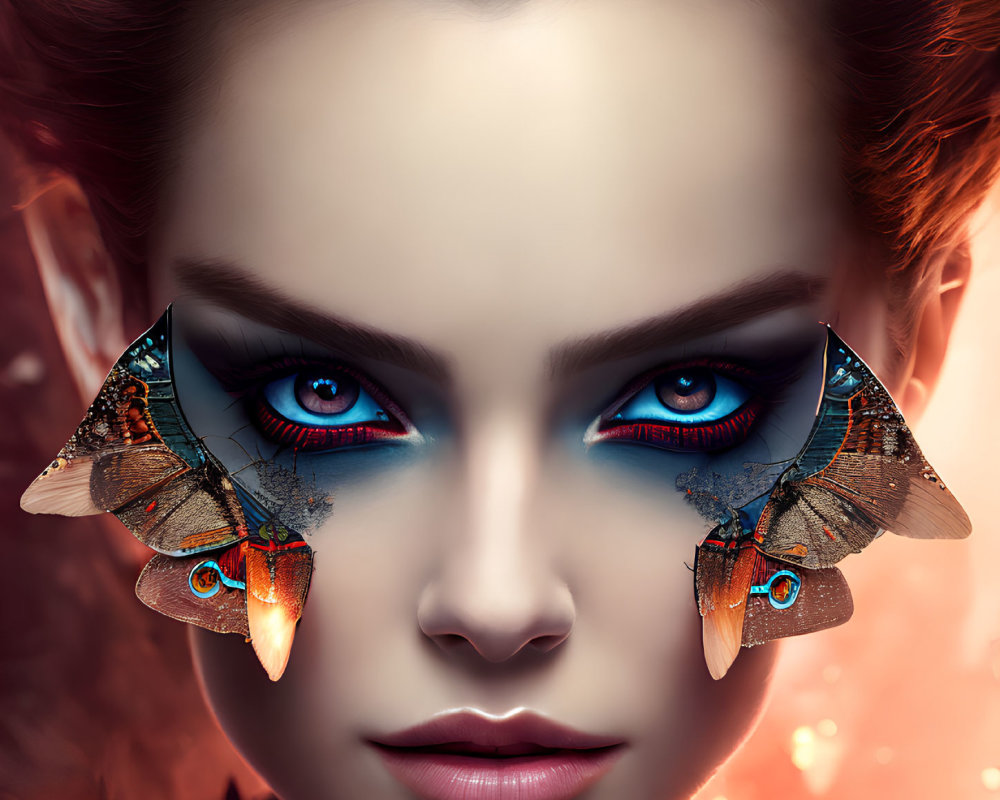 Digital Artwork: Woman with Striking Blue Eyes and Butterfly Wing Earrings against Abstract Red Background