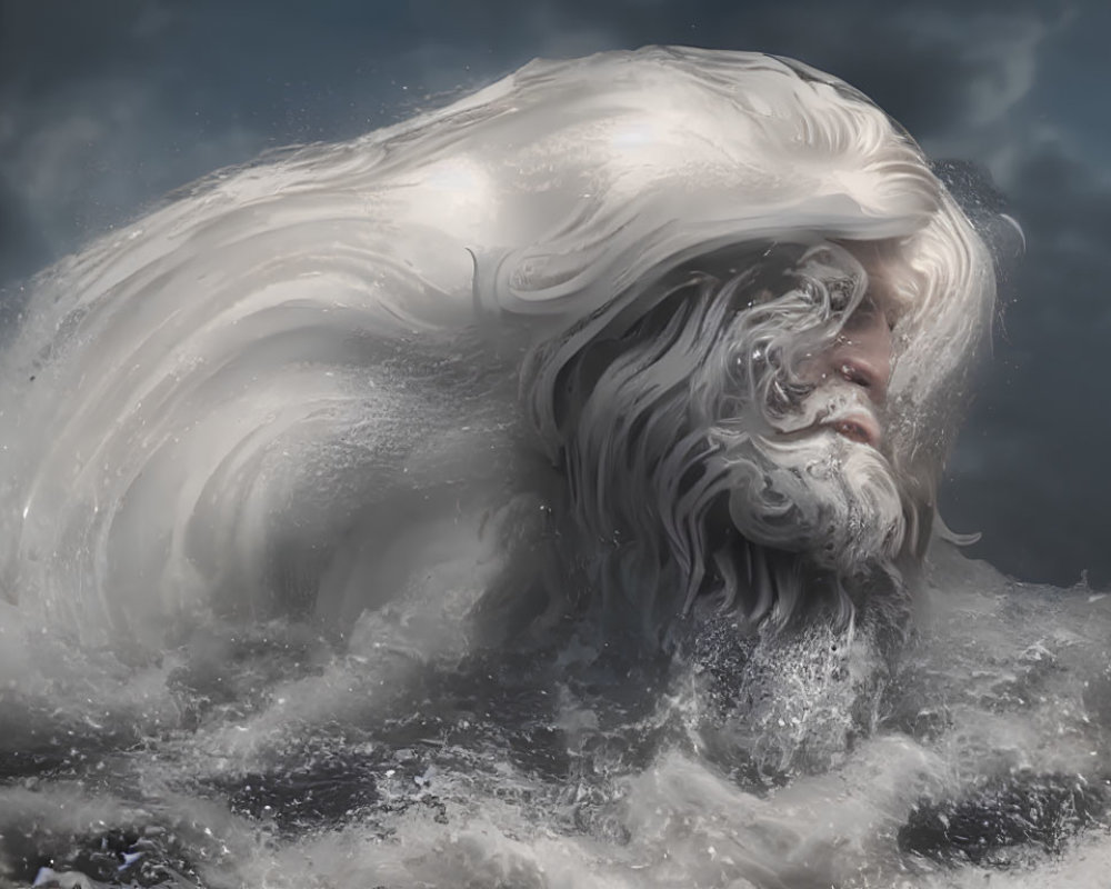 Personified wave with bearded face in stormy sky