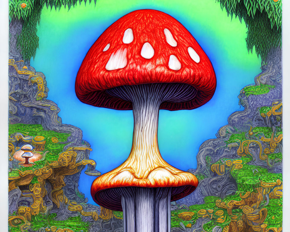 Colorful Illustration of Large Red Mushroom in Whimsical Landscape