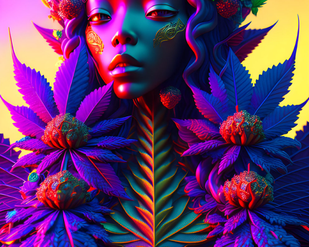 Colorful digital artwork of stylized female figure with blue skin and neon flora.