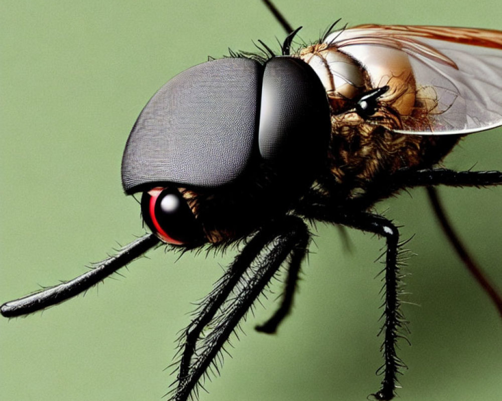 Detailed Close-Up of Fly with Textured Body and Wings on Green Background