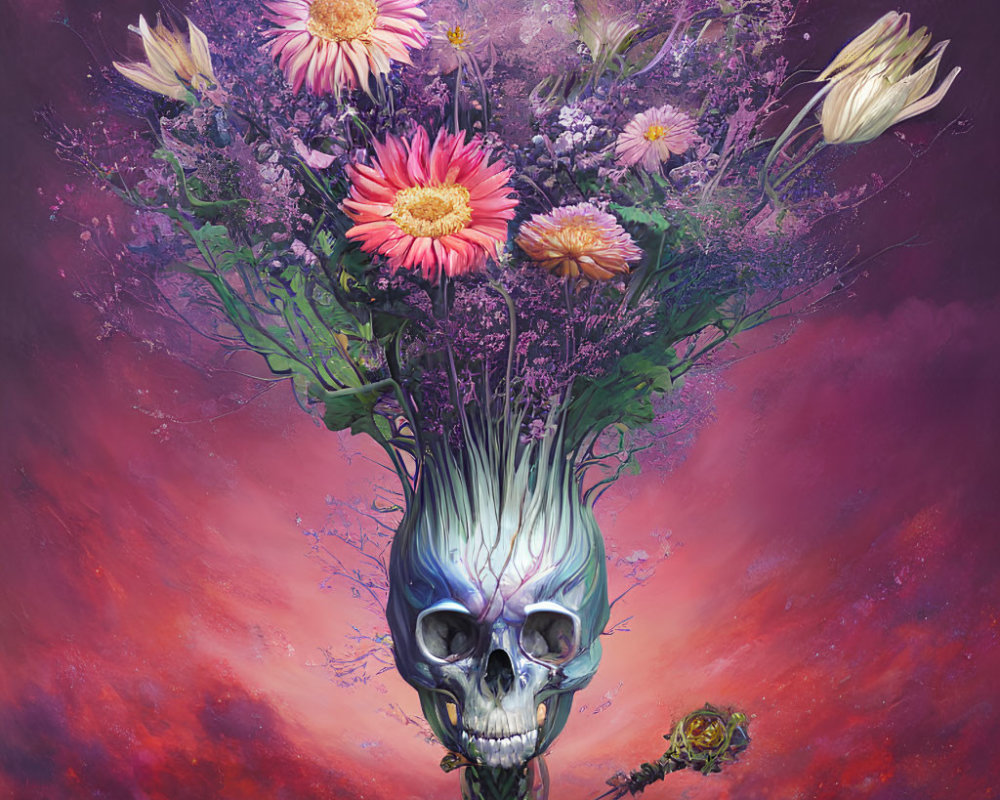 Skull with colorful flower bouquet on cosmic background