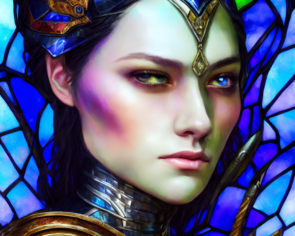 Digital portrait of a woman in ornate armor with green eyes against blue stained glass