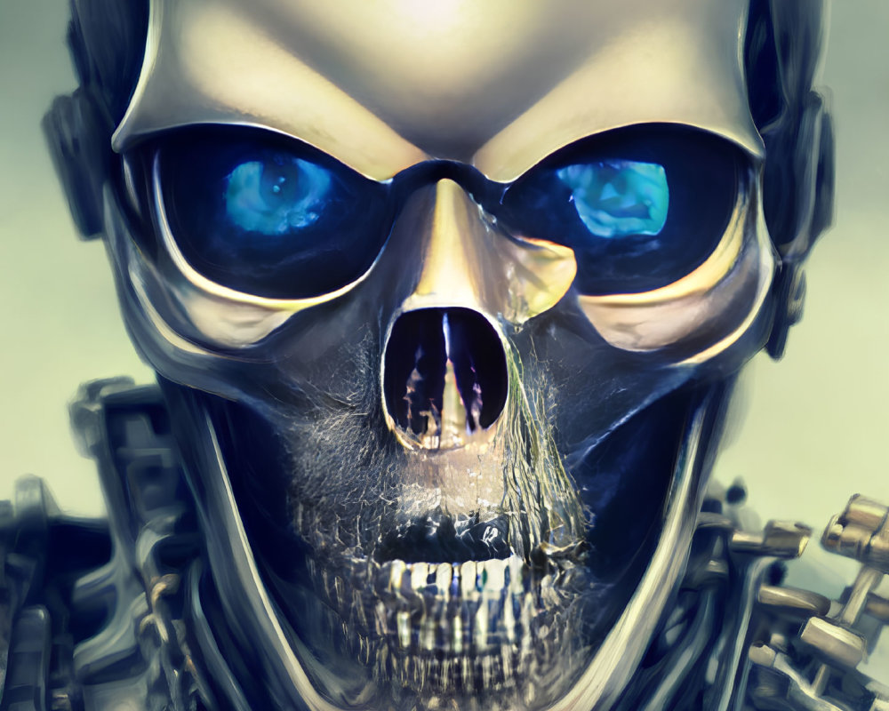 Detailed illustration of futuristic robotic skull with intense blue eyes and metallic bones