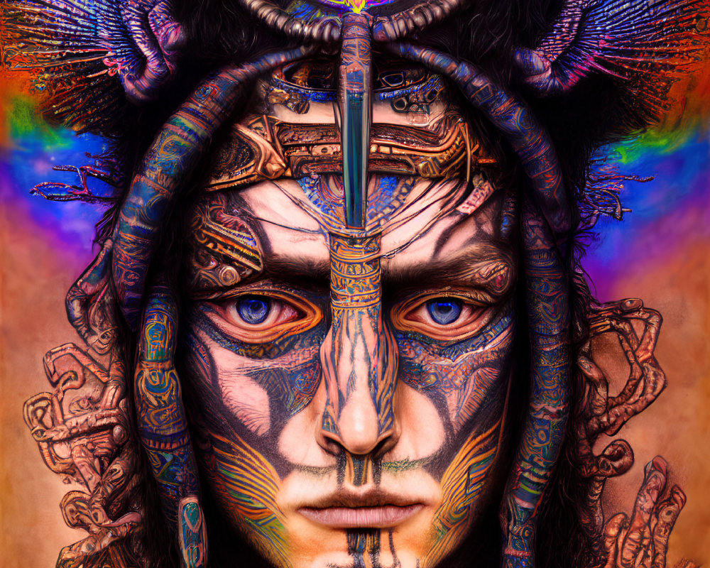 Person with Tribal Face Paint & Cybernetic Enhancements in Futuristic Artwork