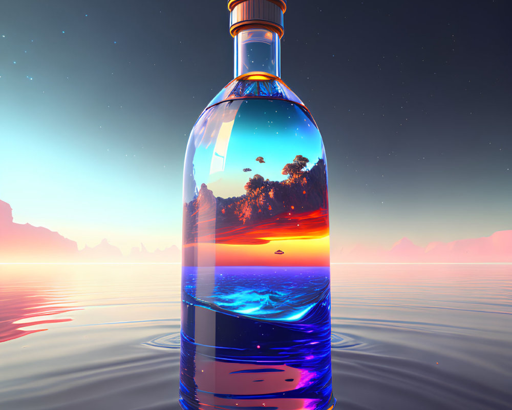 Digital Artwork: Transparent Bottle with Sunset Beach Scene in Surreal Ocean Setting