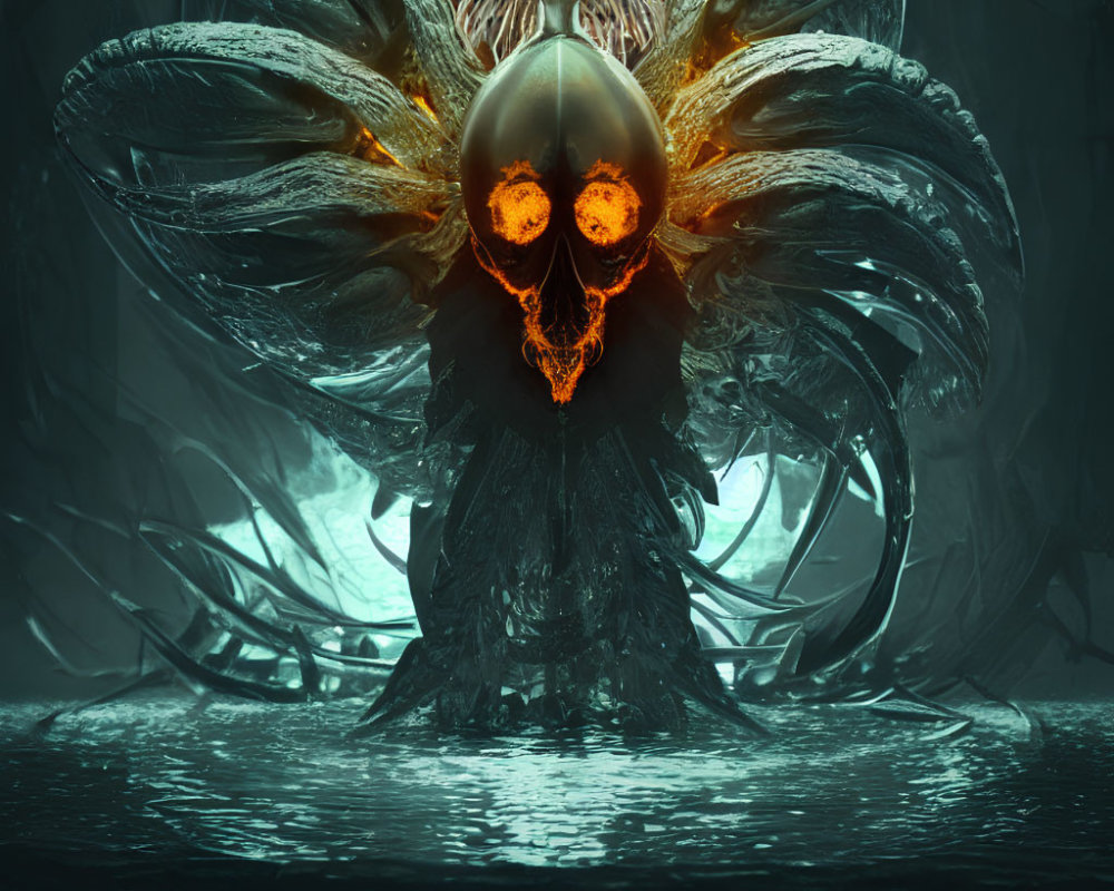 Glowing orange-eyed figure in dark, watery setting with skull-like face