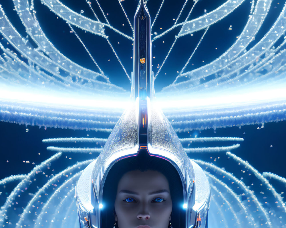 Futuristic portrait featuring woman's face and high-tech structures in glowing blue light.