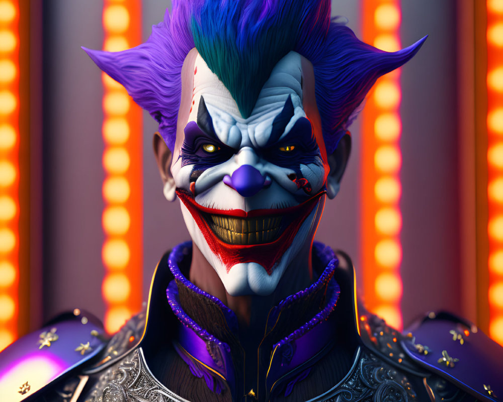 Vibrant blue and purple hair on a clown-like character in ornate clothing