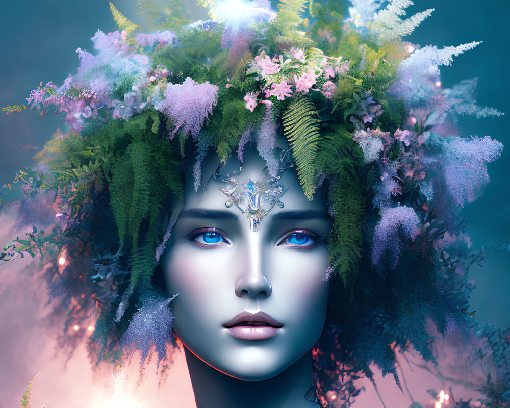 Surreal portrait featuring vivid blue eyes and ornate forehead piece in lush greenery