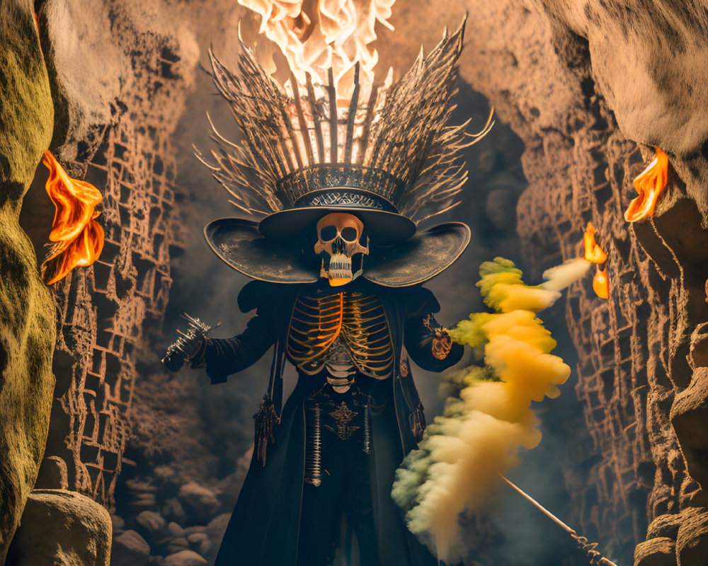 Skeleton figure in wide-brimmed hat with fire, holding staff in torch-lit cave