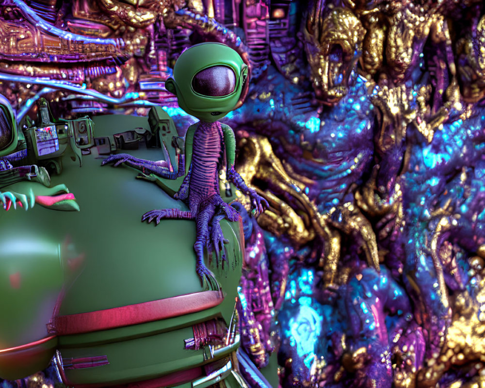 Green-skinned alien on metallic structure amidst vibrant machinery