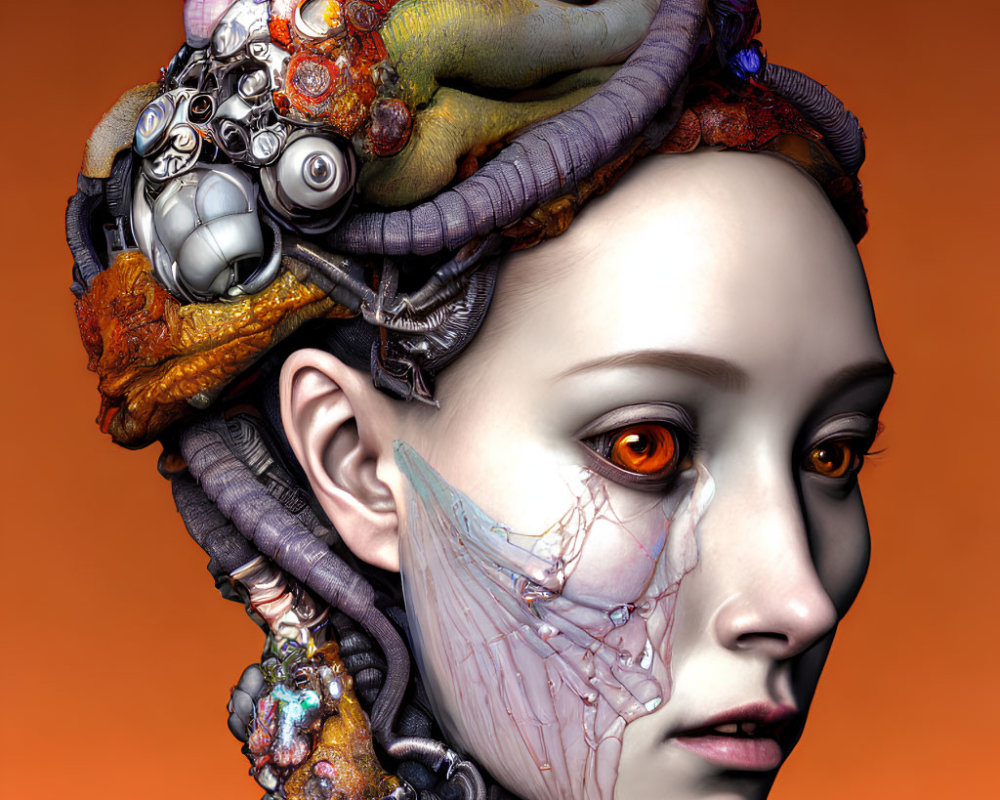 Surreal portrait of a cyborg woman with mechanical parts and vibrant organic textures, featuring a glowing