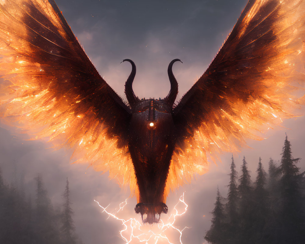 Majestic dragon with glowing orange wings flying over misty forest