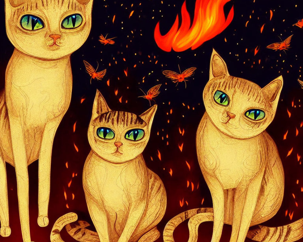 Three stylized cats with large eyes in fiery backdrop.