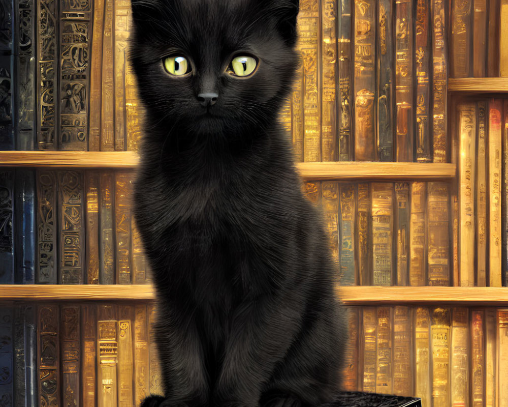 Black Cat with Green Eyes Sitting on Bookshelf with Golden Spines