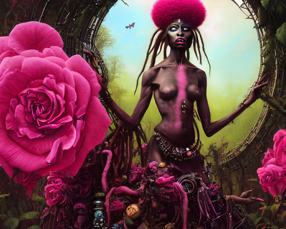 Vibrant red afro woman in surreal floral landscape