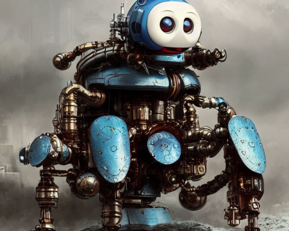 Whimsical robotic character with large round body and friendly face on rocky outcrop against dystopian backdrop