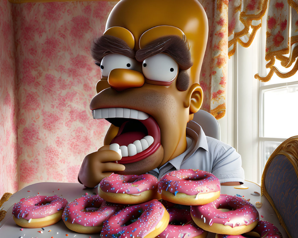 Angry animated character eyeing pink-frosted donuts on ornate table