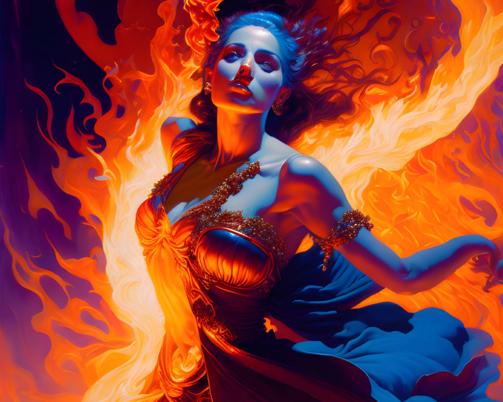 Woman surrounded by vibrant orange and blue flames in ornate dress.