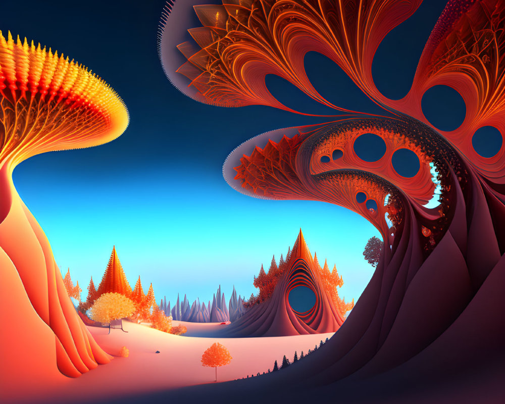 Surreal alien landscape with vibrant fractal trees under orange and blue sky