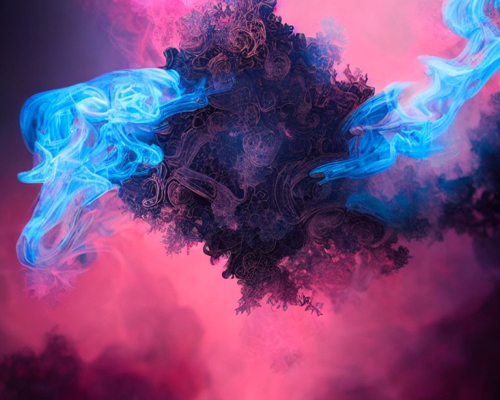 Abstract image: Swirling blue and pink smoke-like textures around a dark fractal core