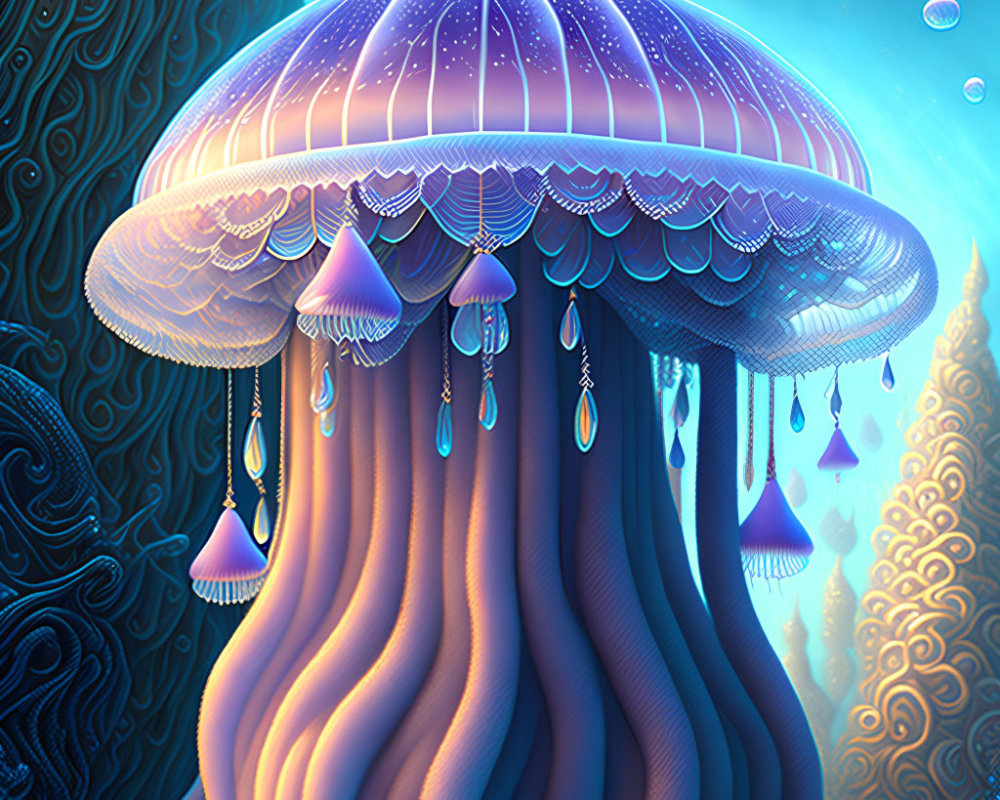 Colorful Fantastical Jellyfish Illustration in Deep Ocean Scene