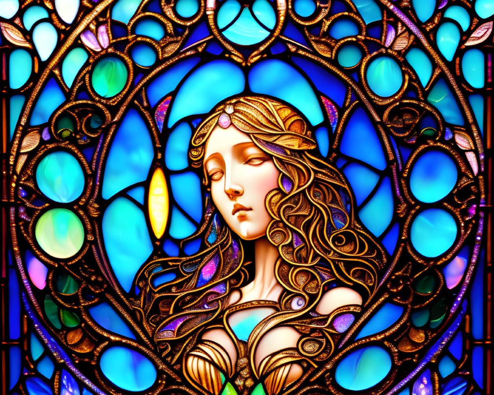 Colorful Art Nouveau Style Woman Stained Glass Window on Blue Background