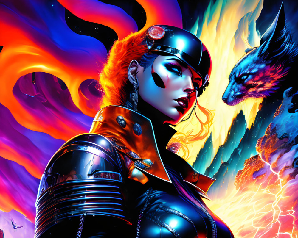 Illustration of woman in futuristic armor with wolf creature in cosmic setting