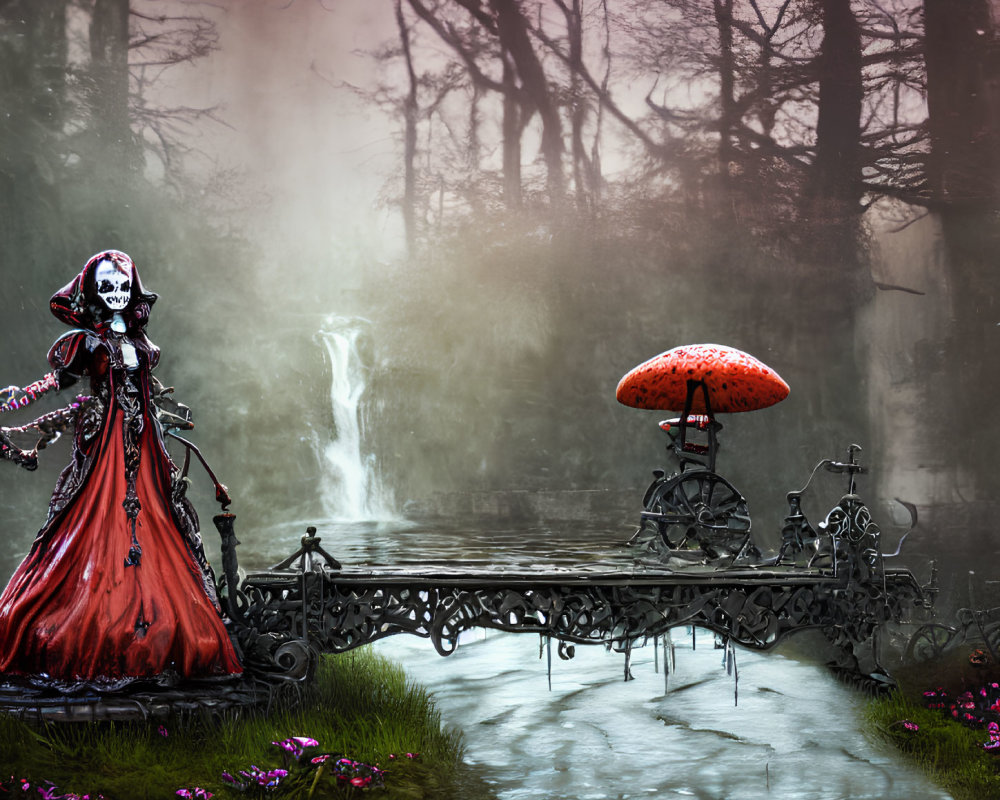 Person in Red Cloak and Skull Mask by Forest Waterfall with Giant Red Mushroom and Bicycle