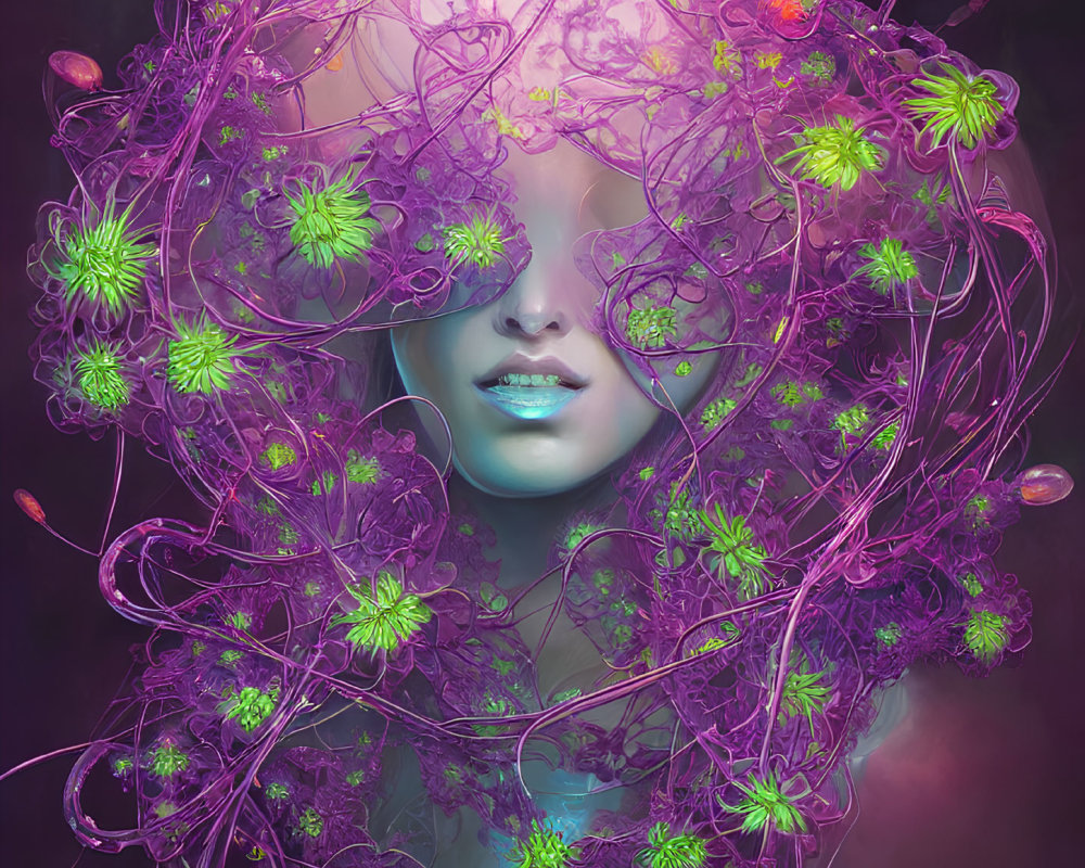 Vibrant surreal portrait with purple and green floral tendrils