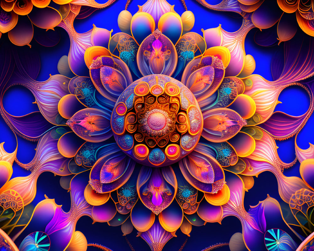 Symmetrical Mandala Digital Art in Blue, Purple, and Gold