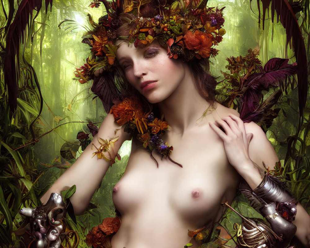 Woman in Earth-Toned Floral Headwear Poses Among Lush Greenery