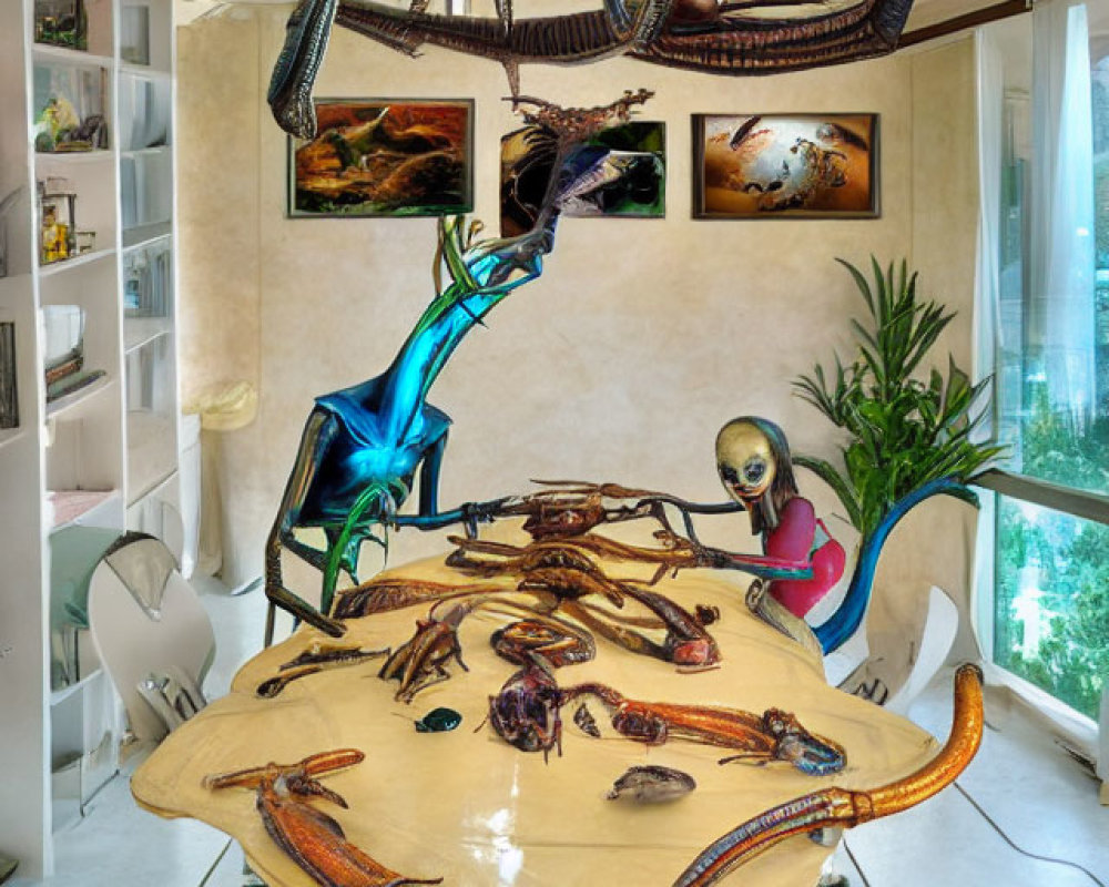 Extraterrestrial-themed surreal dining room with alien and vibrant sculptures