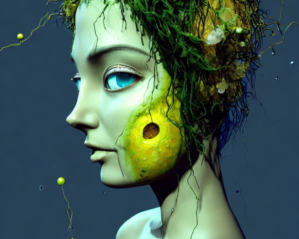 Green-toned digital artwork featuring female figure with organic textures and foliage elements.