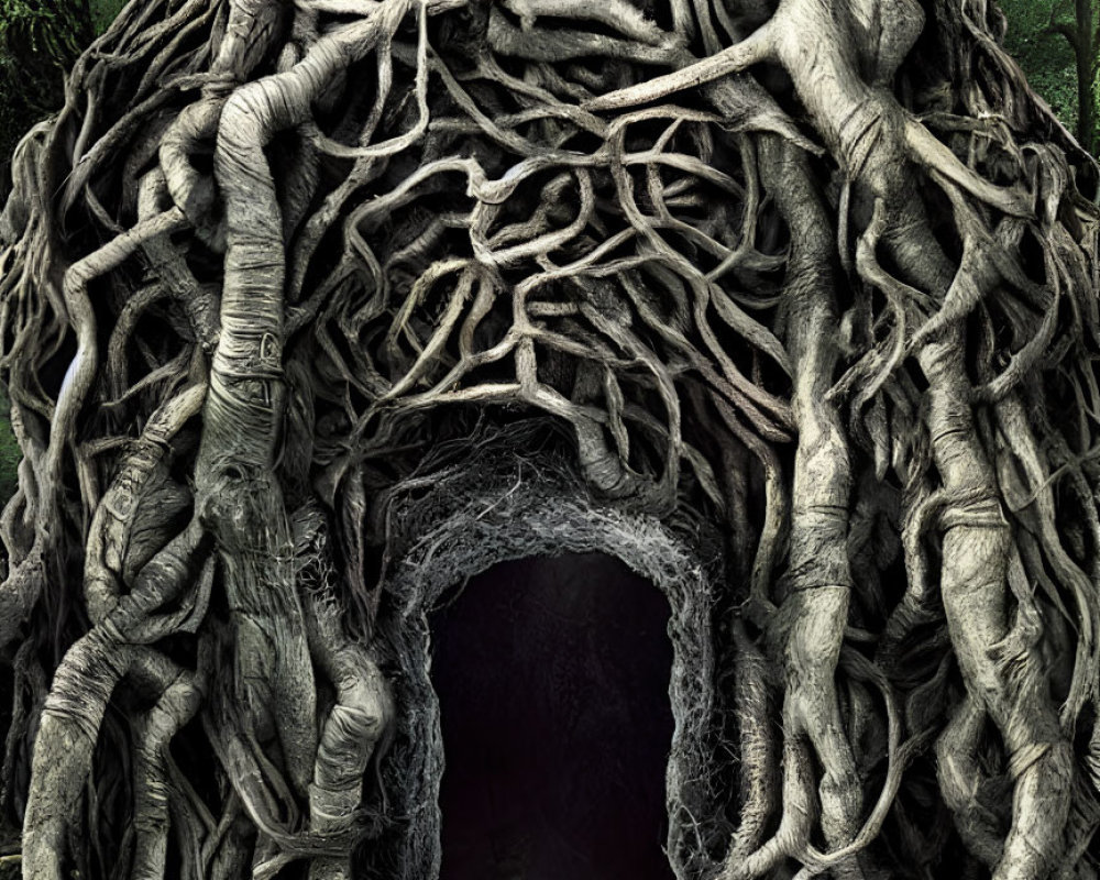 Mystical giant tree with dark hollow in eerie forest