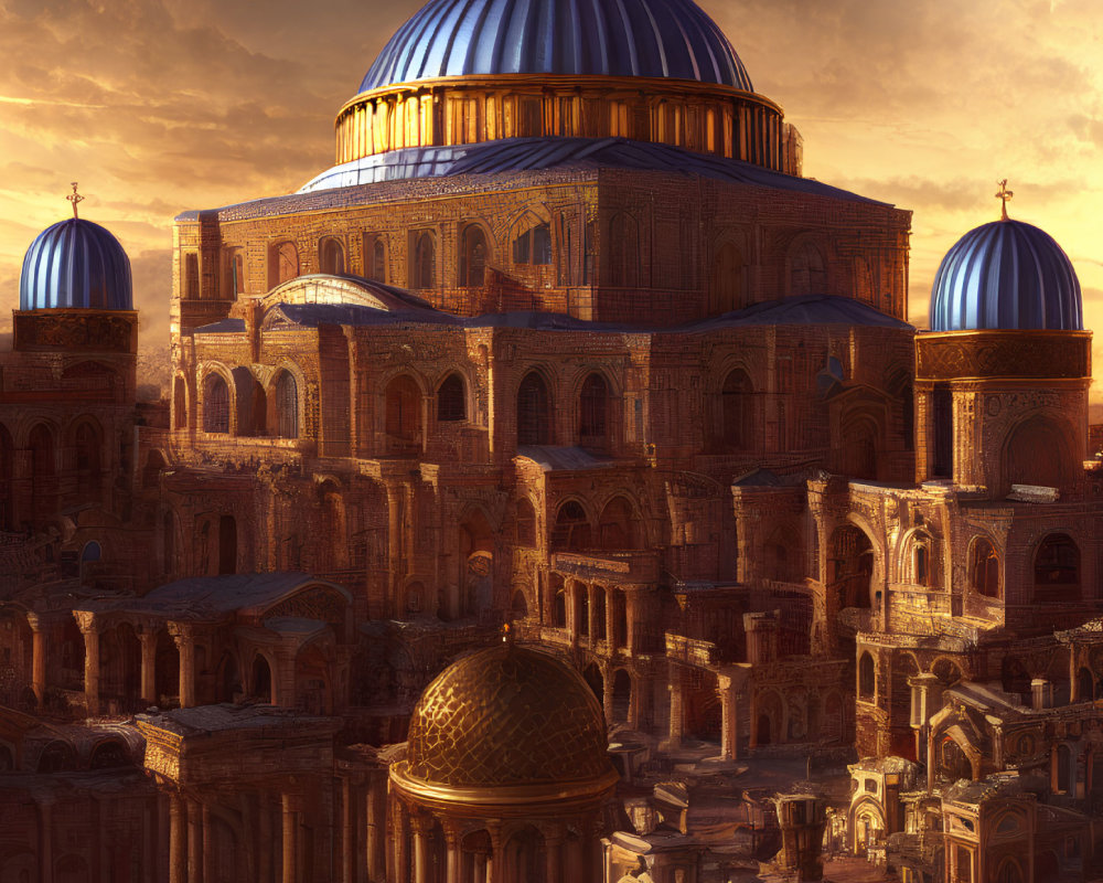 Blue-domed mosque with golden crescents in warm sunset light, intricate architecture, and historic ruins.