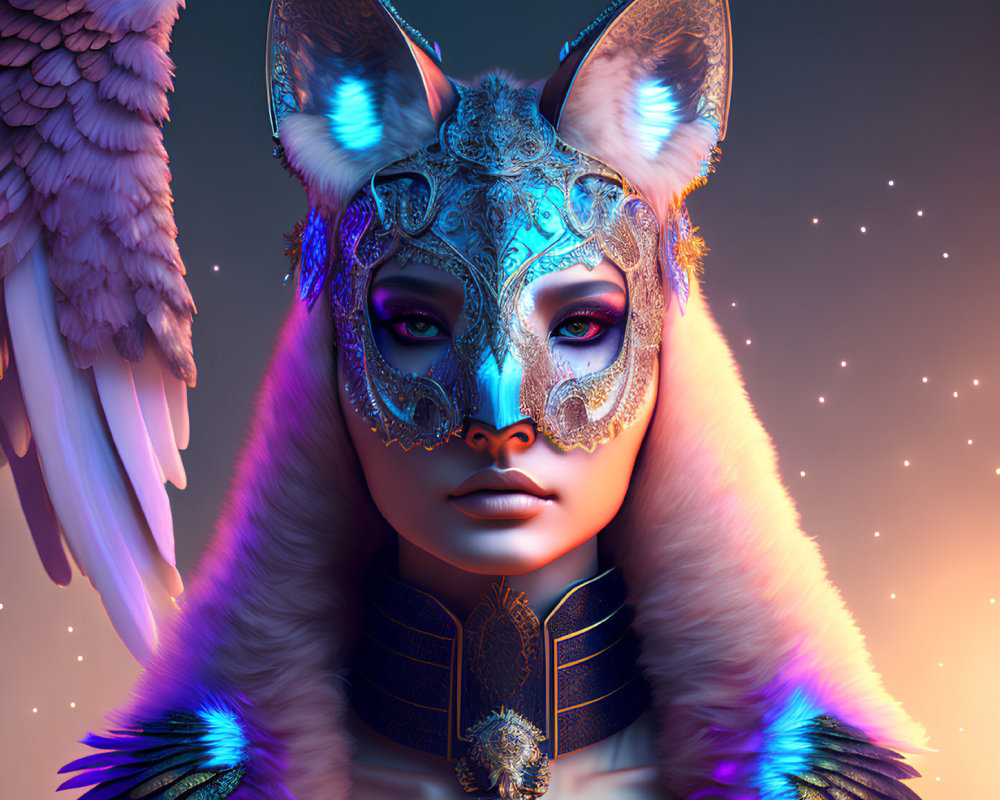 Intricate Blue Fox Mask with Parrot on Starry Background