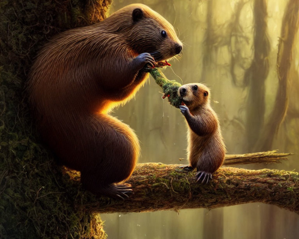 Parent Beaver Feeding Young on Tree Branch in Misty Forest